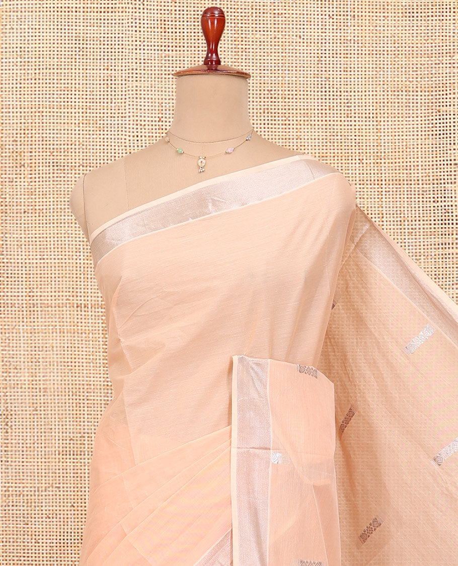 Peach Kerala Cotton Saree, Woven with Buttas All Over Its Body, a Zari Bavanji Border, Pallu of Intricate Designs, and Paired with a Matching Blouse