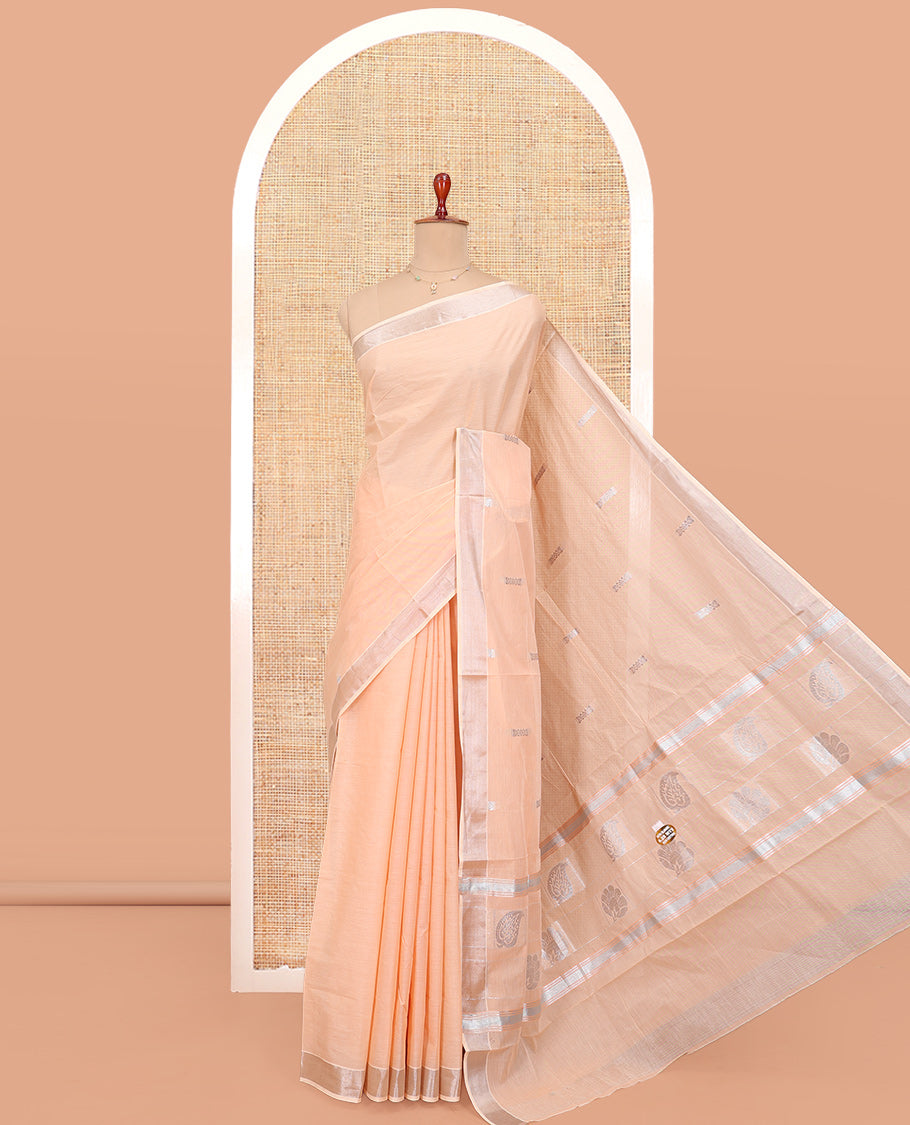 Peach Kerala Cotton Saree, Woven with Buttas All Over Its Body, a Zari Bavanji Border, Pallu of Intricate Designs, and Paired with a Matching Blouse