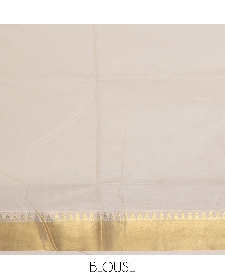 Cream leaf buttas Kerala saree, zari temple border, and pallu of leaf designs