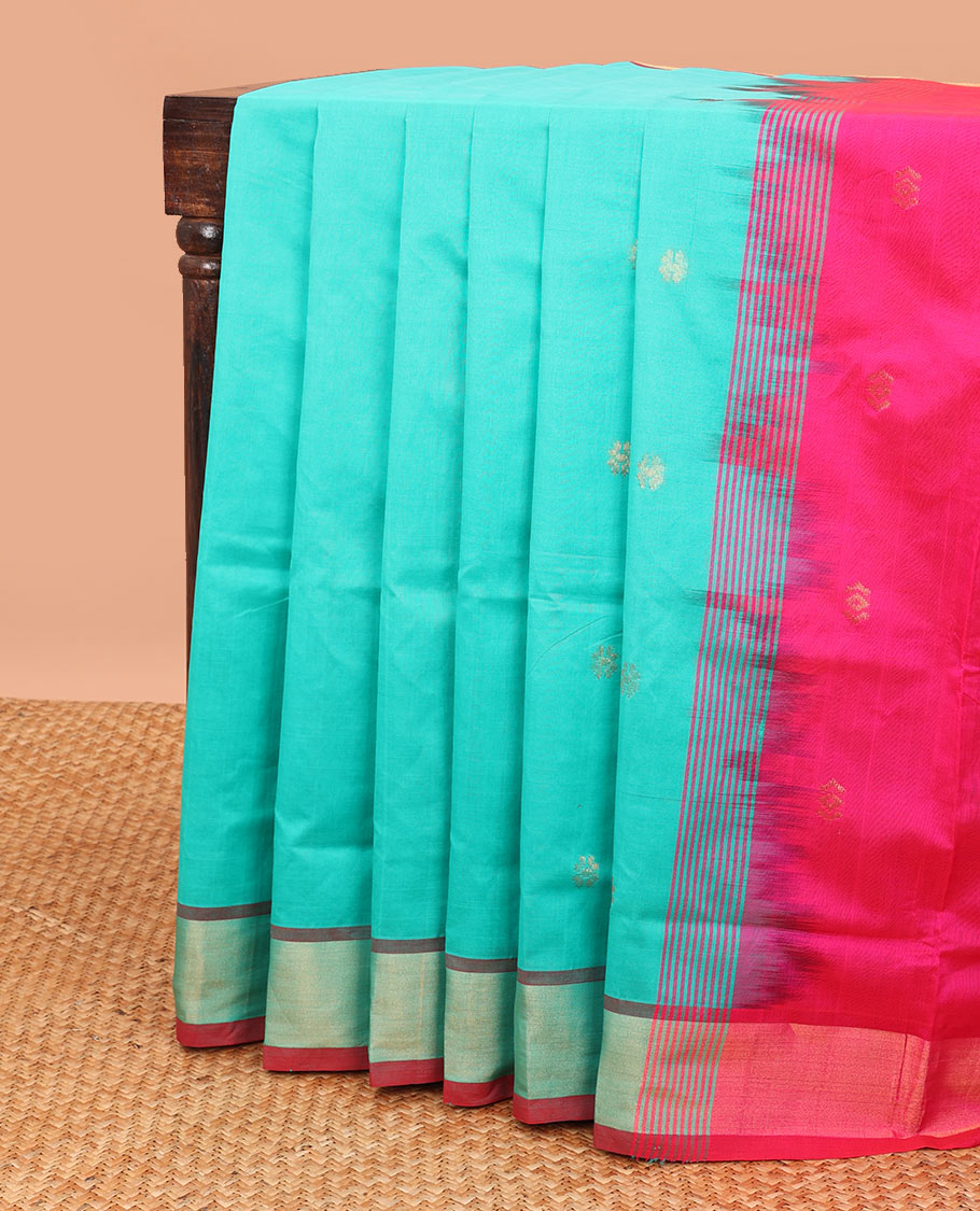 Blue kupadam cotton saree with buttas, plain border & contrast pallu of stripes