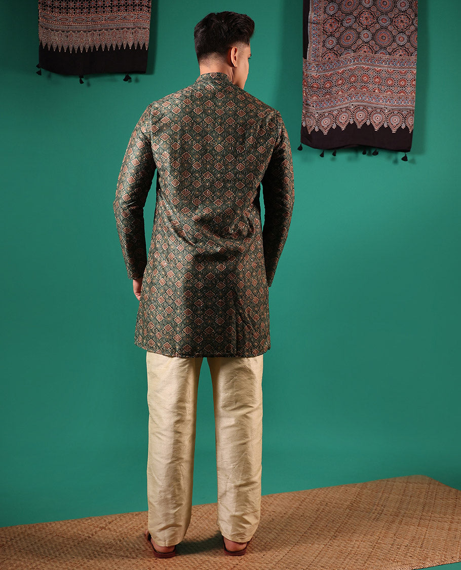 Green jaal patterns printed with sequins embroidered full-sleeved men's kurta