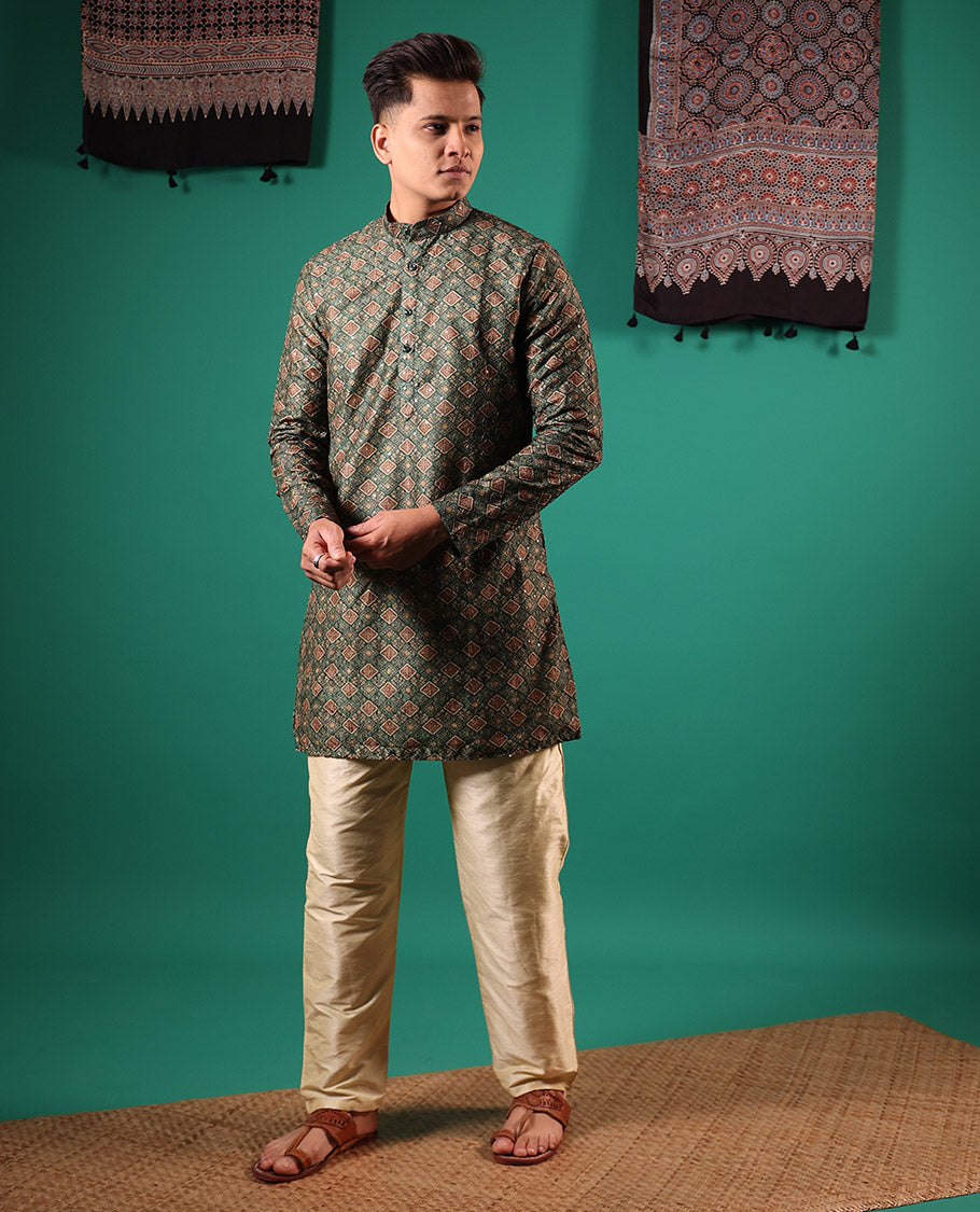 Green jaal patterns printed with sequins embroidered full-sleeved men's kurta