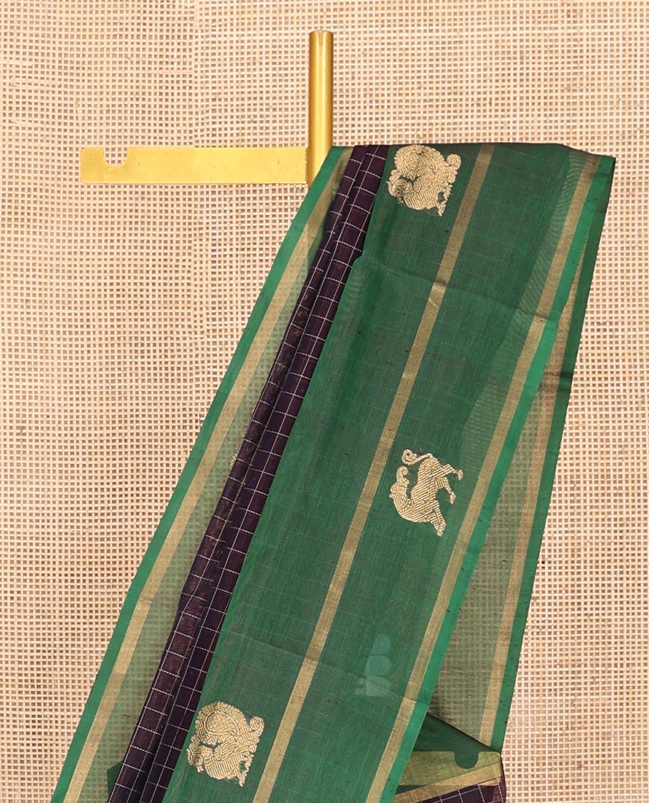 Purple Checked Kuppadam Silk Saree, a Contrast Traditional Zari Border, Grand Pallu, a Matching Blouse