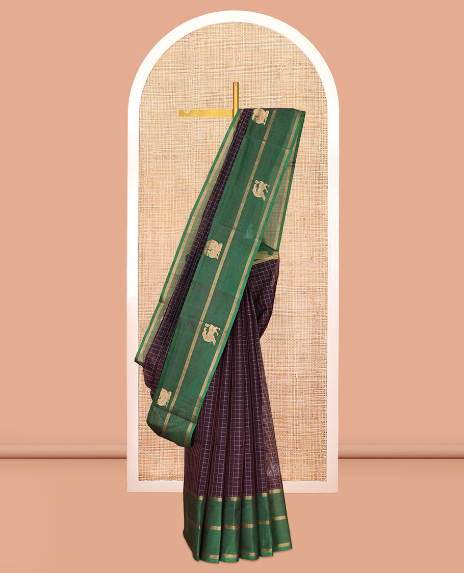 Purple Checked Kuppadam Silk Saree, a Contrast Traditional Zari Border, Grand Pallu, a Matching Blouse