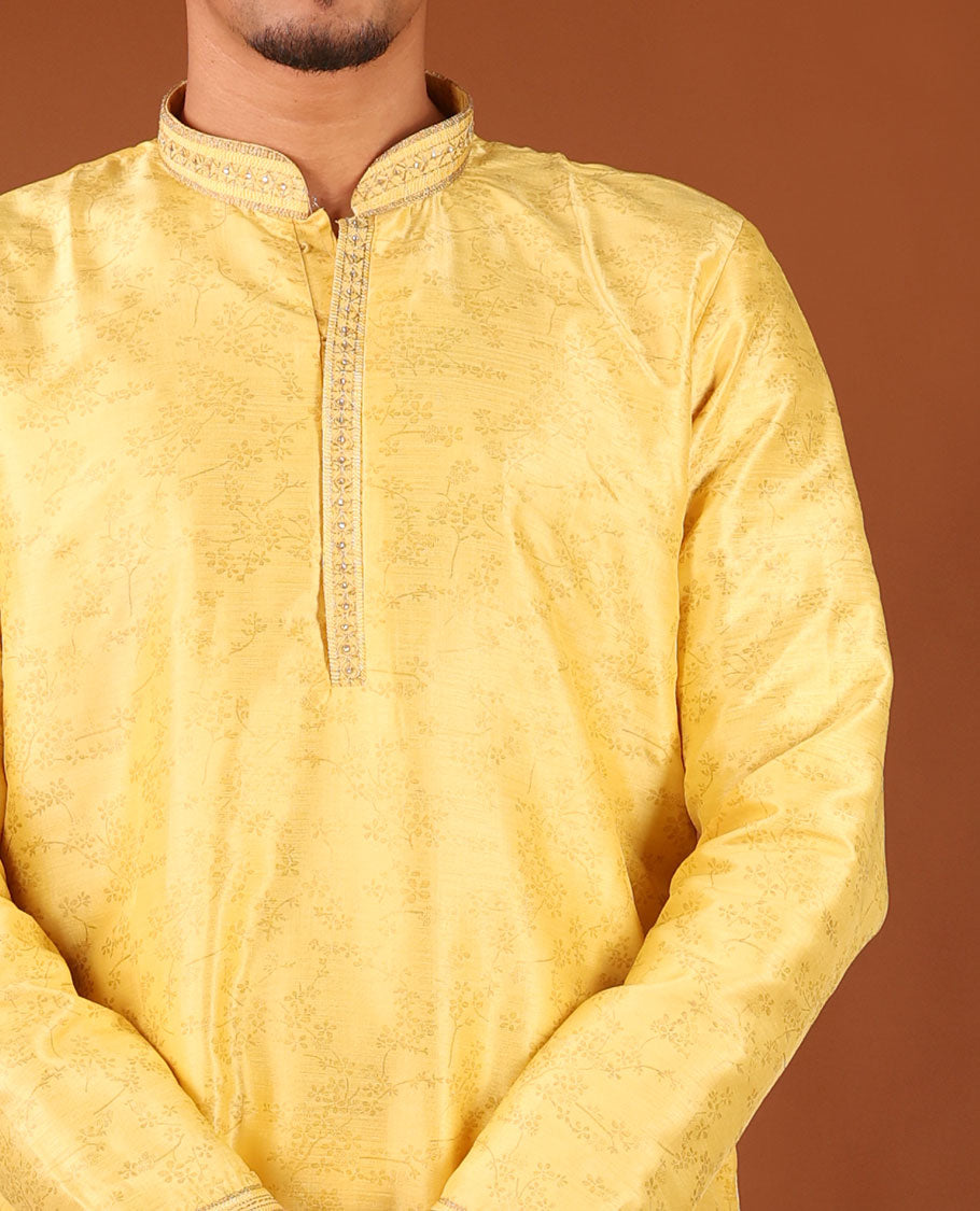 Yellow Floral Vine Sparsely Woven Full-Sleeved Men's Kurta Set