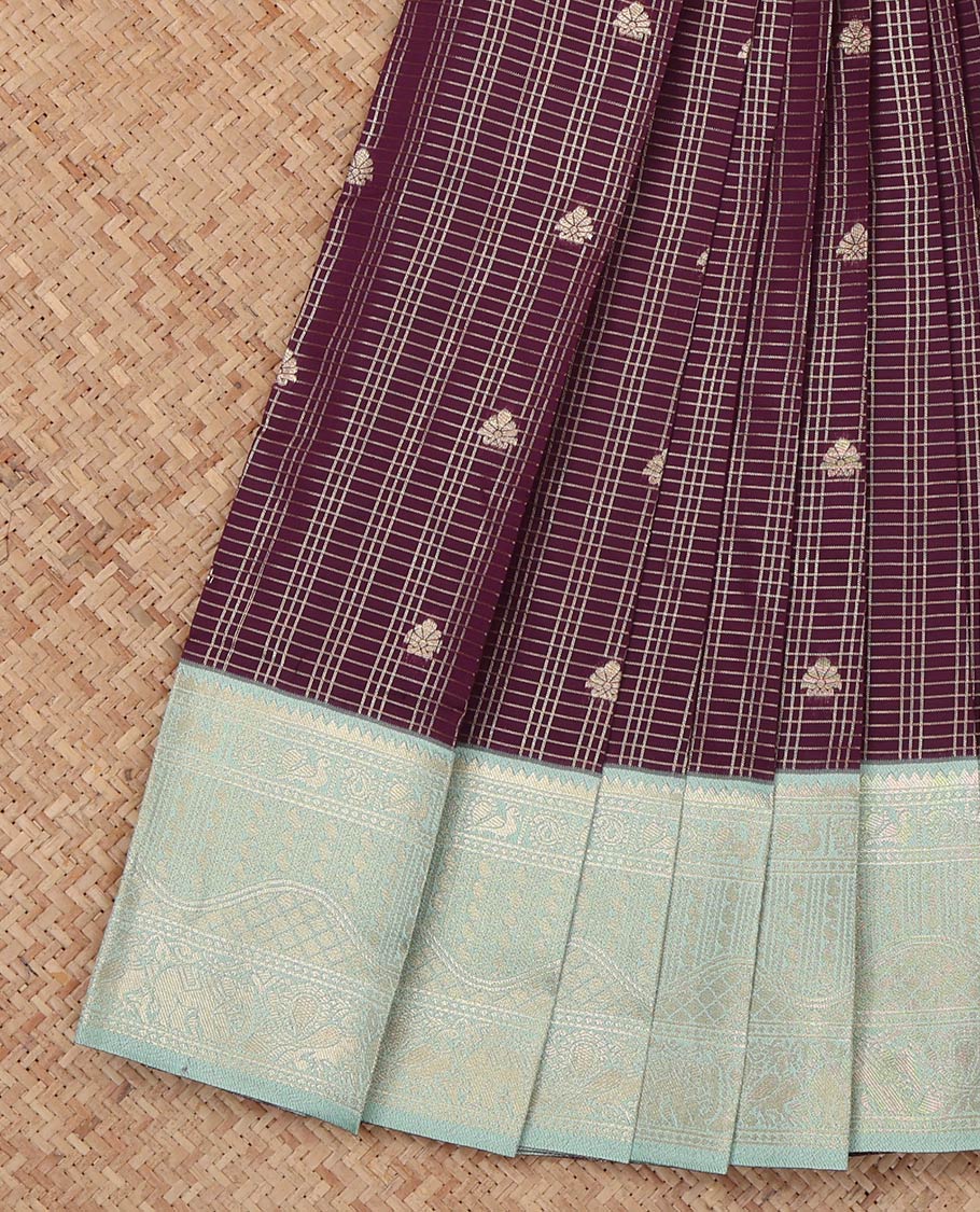 Wine Litchi Saree, Woven with Zari Buttas and Checks, a Contrast Traditional Zari Border, Grand Pallu, and a Contrast Blouse