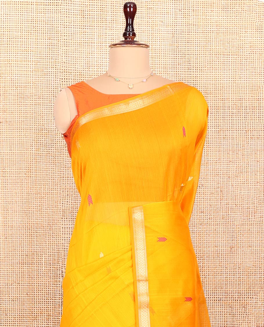 Yellow Maheshwari Cotton Saree, Subtly Sparkled with Buttas All Over Its Body, Subtly Sparkled Traditional Zari Border, Contrast Zari Buttas Woven Pallu, and Paired with a Contrast Blouse