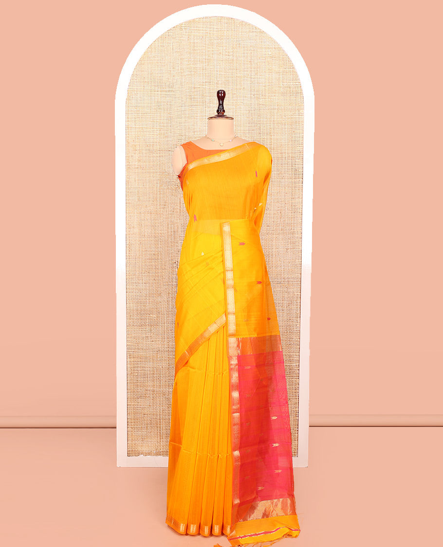 Yellow Maheshwari Cotton Saree, Subtly Sparkled with Buttas All Over Its Body, Subtly Sparkled Traditional Zari Border, Contrast Zari Buttas Woven Pallu, and Paired with a Contrast Blouse