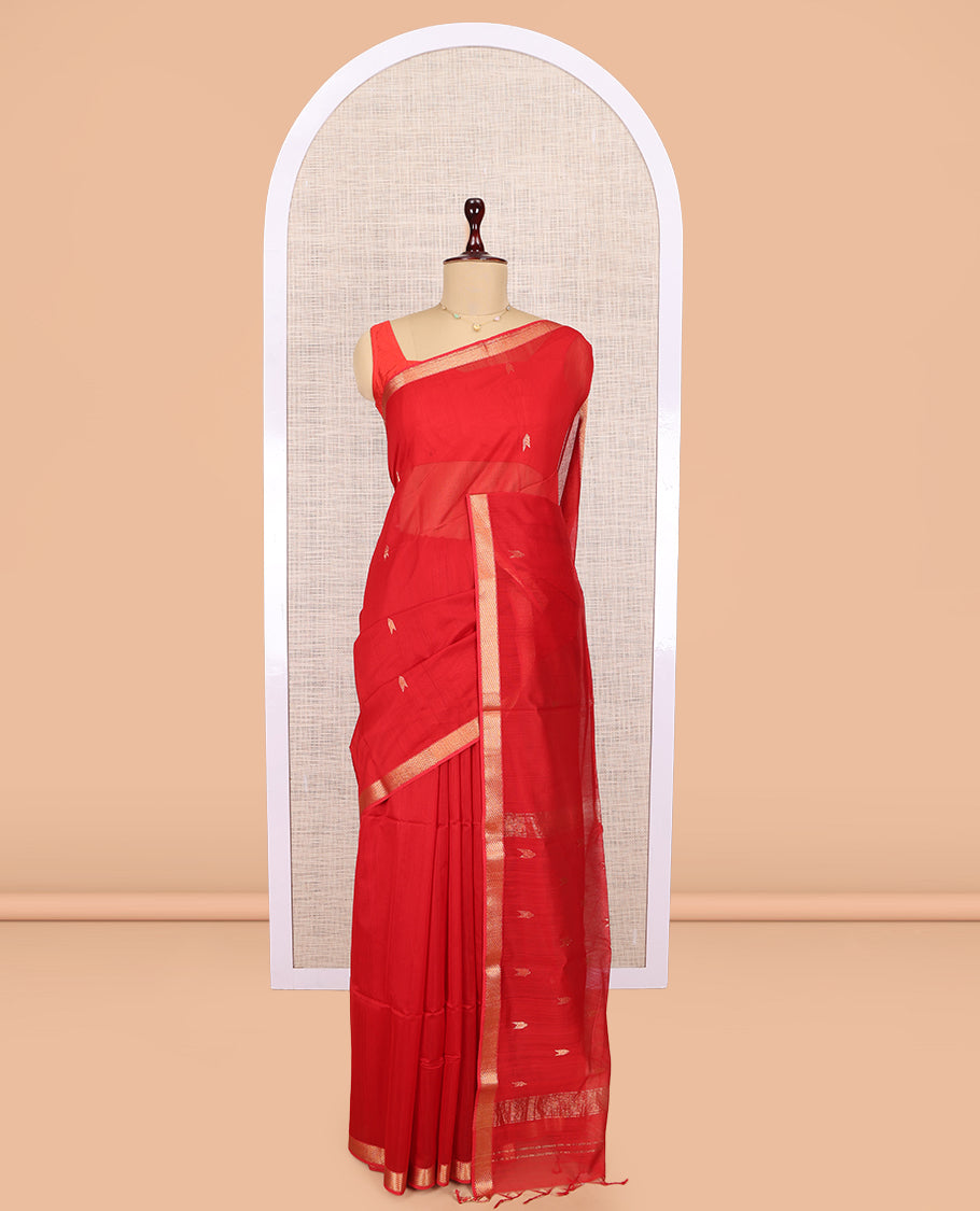Red Maheshwari Cotton Saree, Accentuated with Buttas, Highlighted by a Chevron Zari Border, Pallu of Zari Buttas, and a Matching Blouse