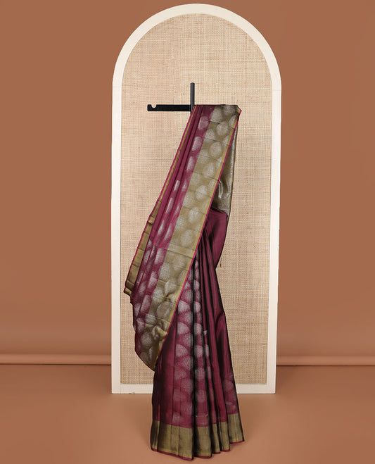 Wine color geometric patterned soft silk saree, contrast border & pallu of geometric patterns