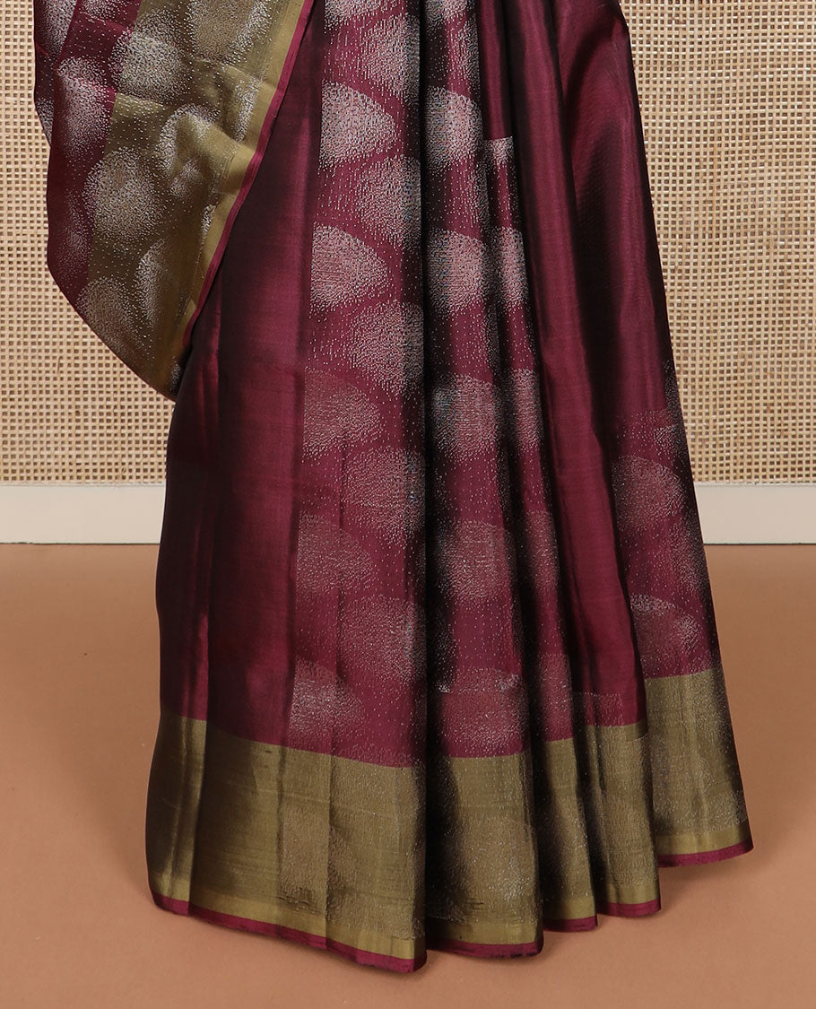 Wine color geometric patterned soft silk saree, contrast border & pallu of geometric patterns