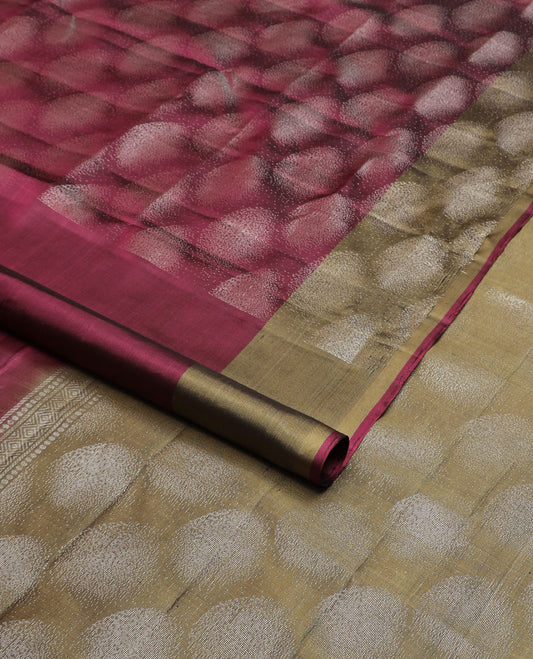 Wine color geometric patterned soft silk saree, contrast border & pallu of geometric patterns