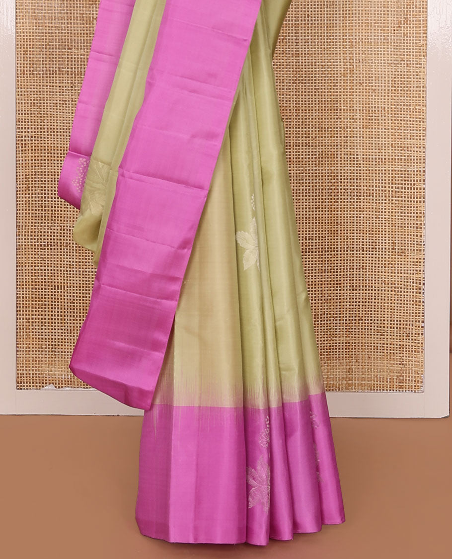 Light Sandal Mayuri Soft Silk Saree Sparsely Sparkled with Floral Zari Buttas All Over Its Body, Complemented by a Contrast Border of Floral Zari Designs, Majestically Detailed Pallu, and Paired with a Contrast Blouse