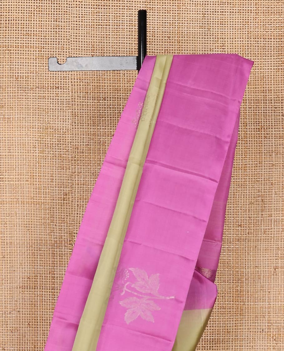 Light Sandal Mayuri Soft Silk Saree Sparsely Sparkled with Floral Zari Buttas All Over Its Body, Complemented by a Contrast Border of Floral Zari Designs, Majestically Detailed Pallu, and Paired with a Contrast Blouse