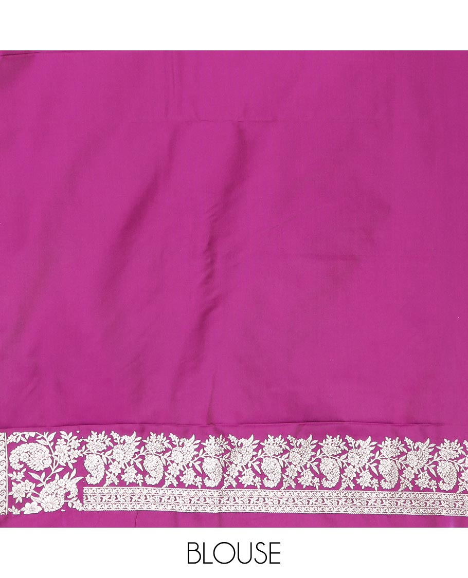 Purple buttas mushru silk saree, self-border of floral-paisley creeper designs, and paisley design pallu