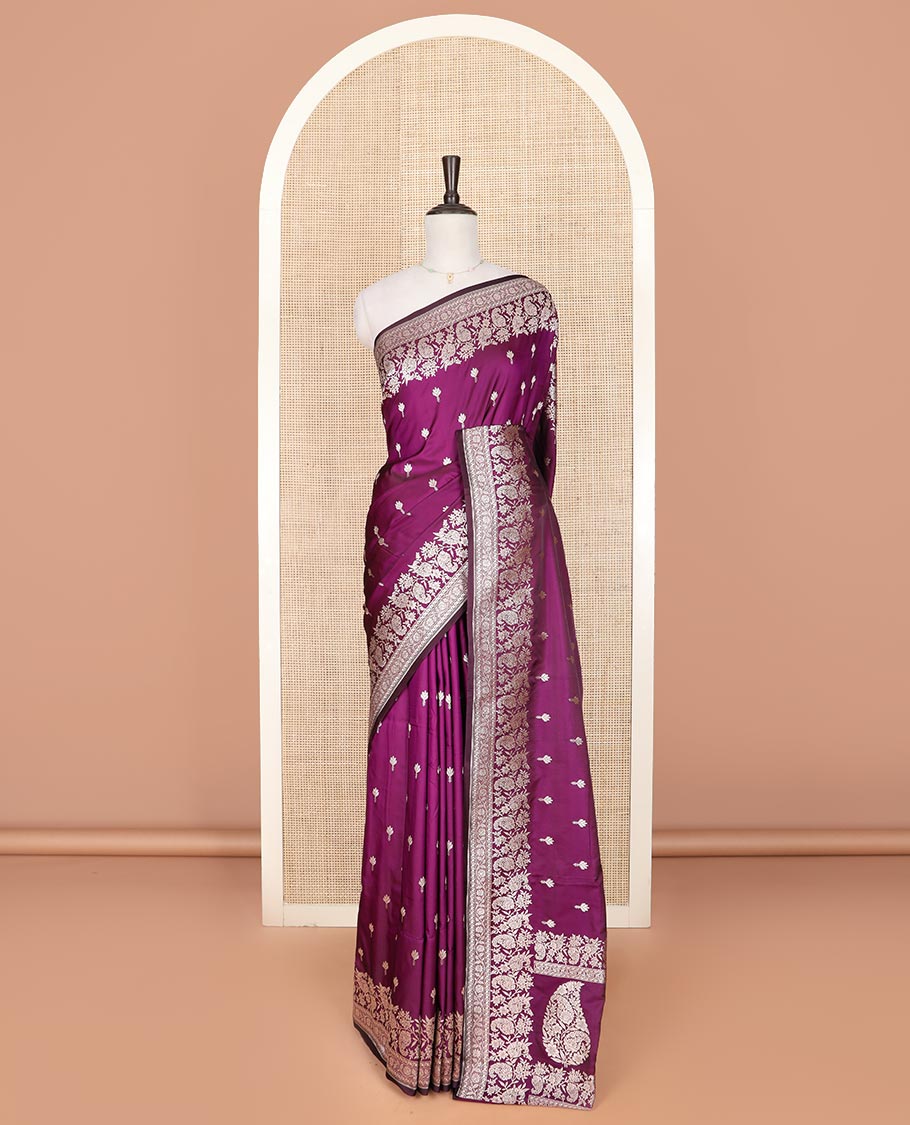 Purple buttas mushru silk saree, self-border of floral-paisley creeper designs, and paisley design pallu