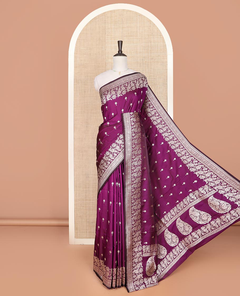Purple buttas mushru silk saree, self-border of floral-paisley creeper designs, and paisley design pallu
