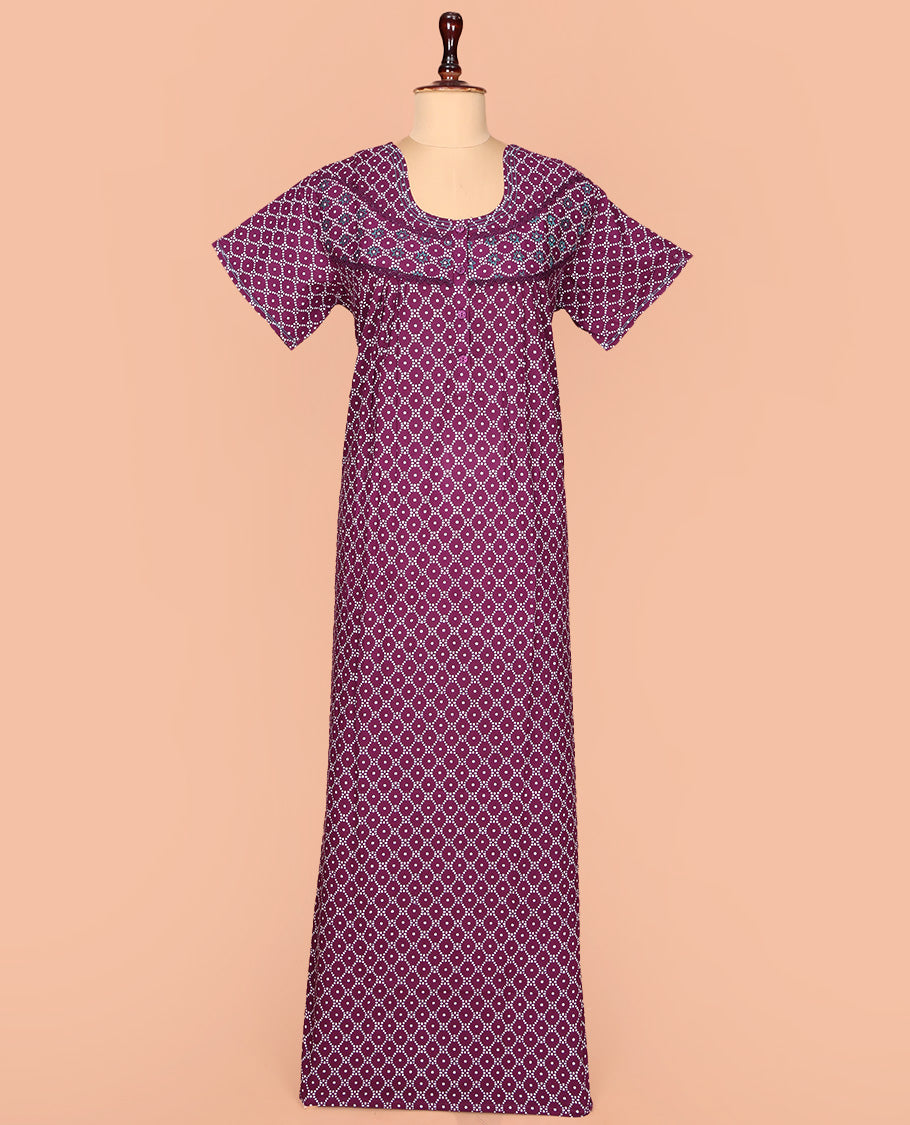 Purple Cotton Nighty Decked Up with Ogee Patterns Print, Featuring Lace Work, Round Front Neck, and Half Sleeves