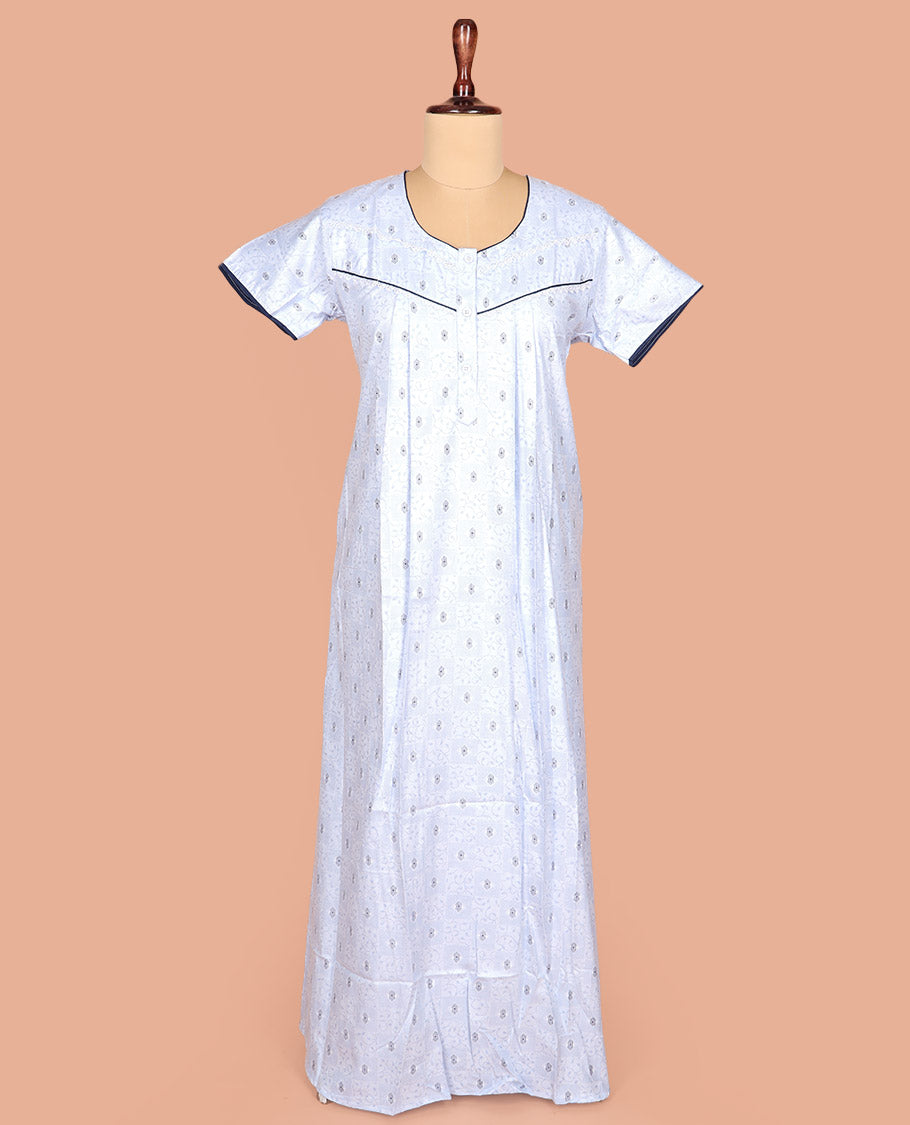 Pale Blue Cotton Nighty Adorned with Vine-Geometric Patterns Print, Featuring Lace Neck Work, Round Front Neck, and Half Sleeves