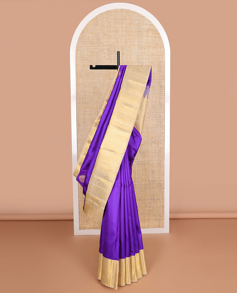 Purple jaal design silk saree with contrast korvai border of rekku, paun , banaras design & floral jaal design pallu