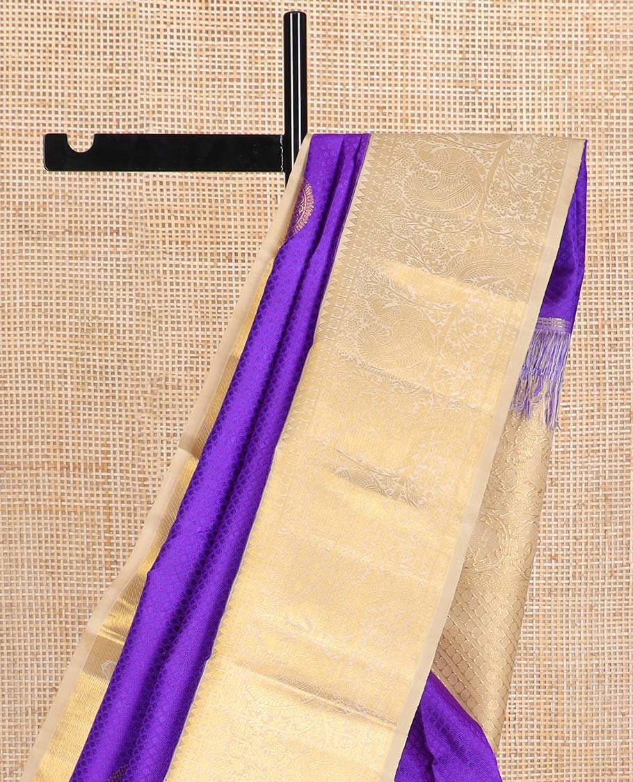 Purple jaal design silk saree with contrast korvai border of rekku, paun , banaras design & floral jaal design pallu