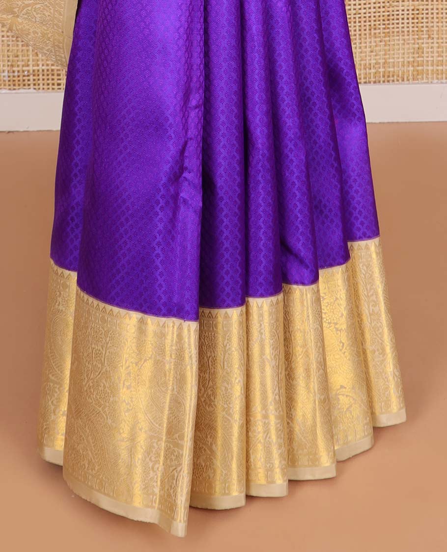 Purple jaal design silk saree with contrast korvai border of rekku, paun , banaras design & floral jaal design pallu