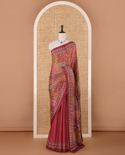 Multi-color geometric printed, mirror work masakali saree with printed, mirror work border & printed pallu along with plain blouse
