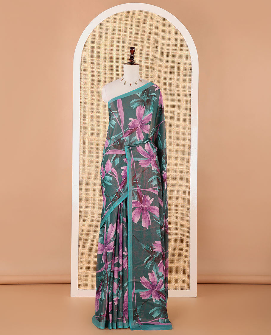 Borderless mehendi green floral digital print brasso saree with self pallu along with printed blouse