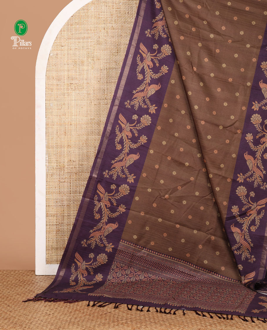 Olive green flower motifs katan silk saree,contrast floral vine & bird printed border & geometric & argyle printed pallu