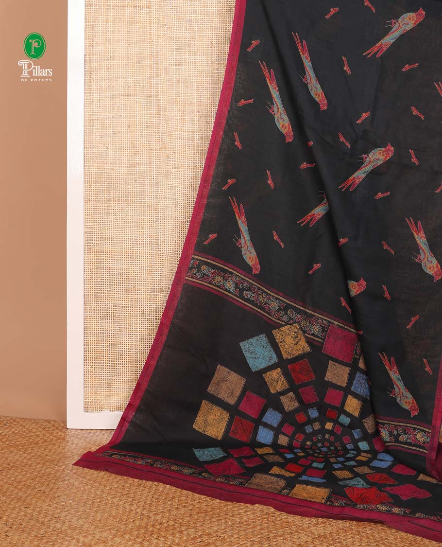 Black colorful bird motifs digital printed linen cotton saree, contrast piping border & kaleidoscopic-colored pallu of floral creeper & geometric print