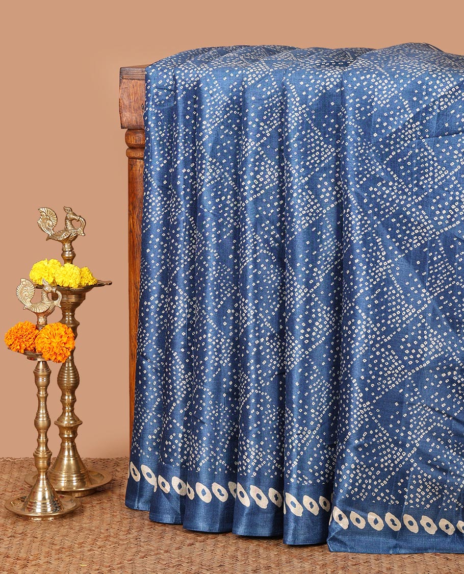 Blue Bandhani-style printed khadi cotton saree, printed border & colorful madhubani-style printed pallu