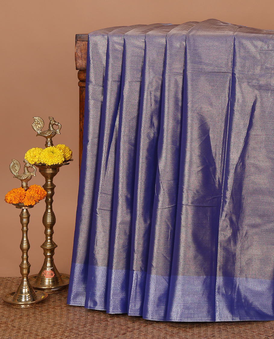 Royal blue plain tissue silk saree, silver zari bavanji border & contrast, gleaming golden color plain blouse