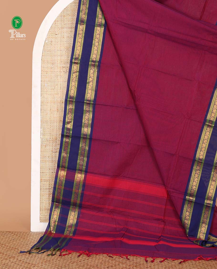 Purple plain Chettinadu cotton saree,contrast rettai rettu traditional zari border,lining seer pallu & matching plain blouse