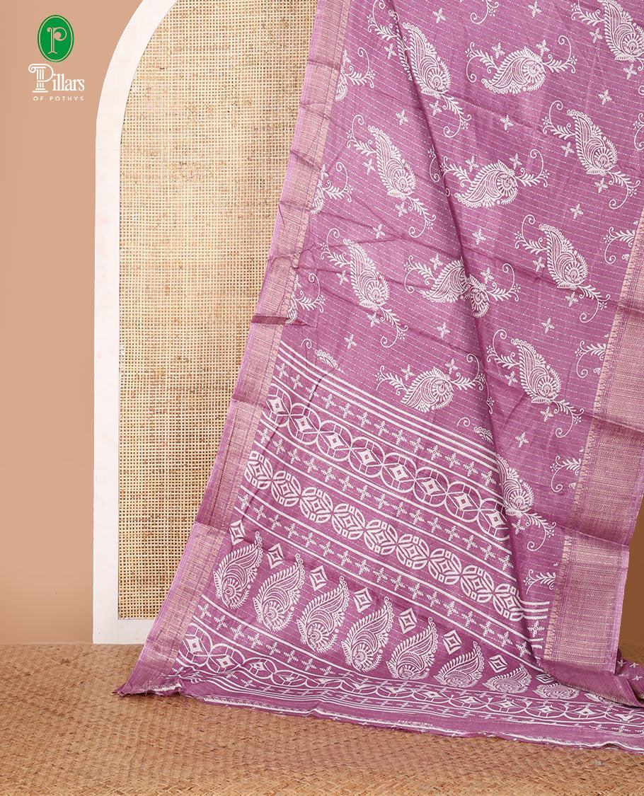 Lavender zari stripes & floral motifs printed dola silk saree, traditional zari border, printed pallu & small butta printed blouse