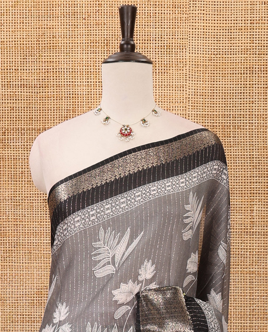 Grey zari striped & floral printed dola silk saree,contrast zari design border,floral-paisley print pallu, printed-zari-work blouse