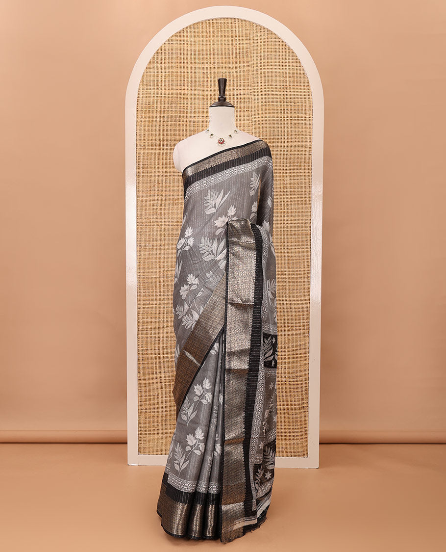 Grey zari striped & floral printed dola silk saree,contrast zari design border,floral-paisley print pallu, printed-zari-work blouse