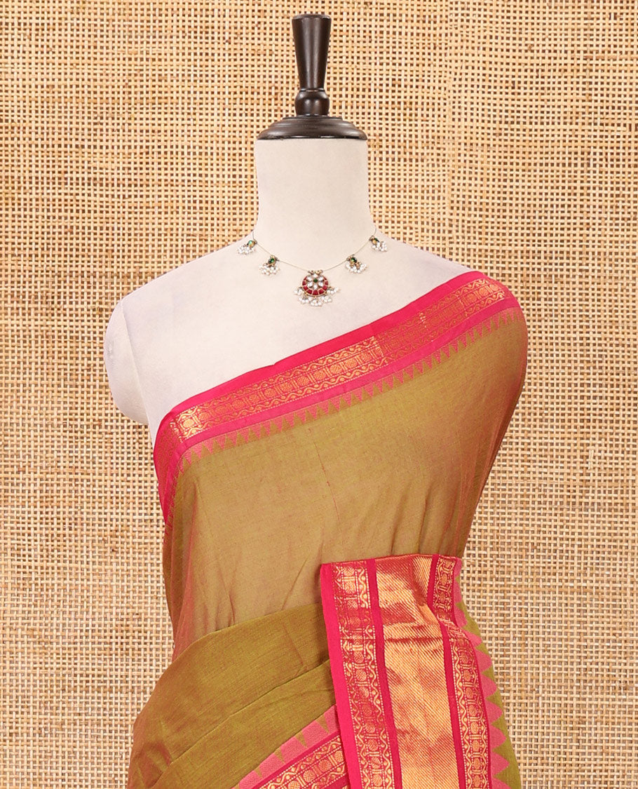 Manthulir plain Chettinad cotton saree, contrast temple traditional zari design border, striped pallu & matching plain zari border blouse