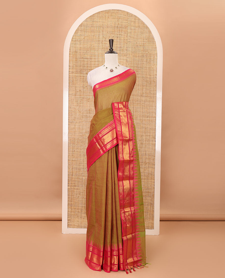 Manthulir plain Chettinad cotton saree, contrast temple traditional zari design border, striped pallu & matching plain zari border blouse