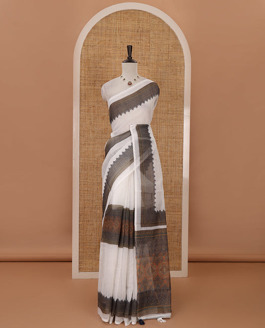 White half-plain & half-printed body linen cotton saree, intricately printed border, printed pallu &  printed blouse