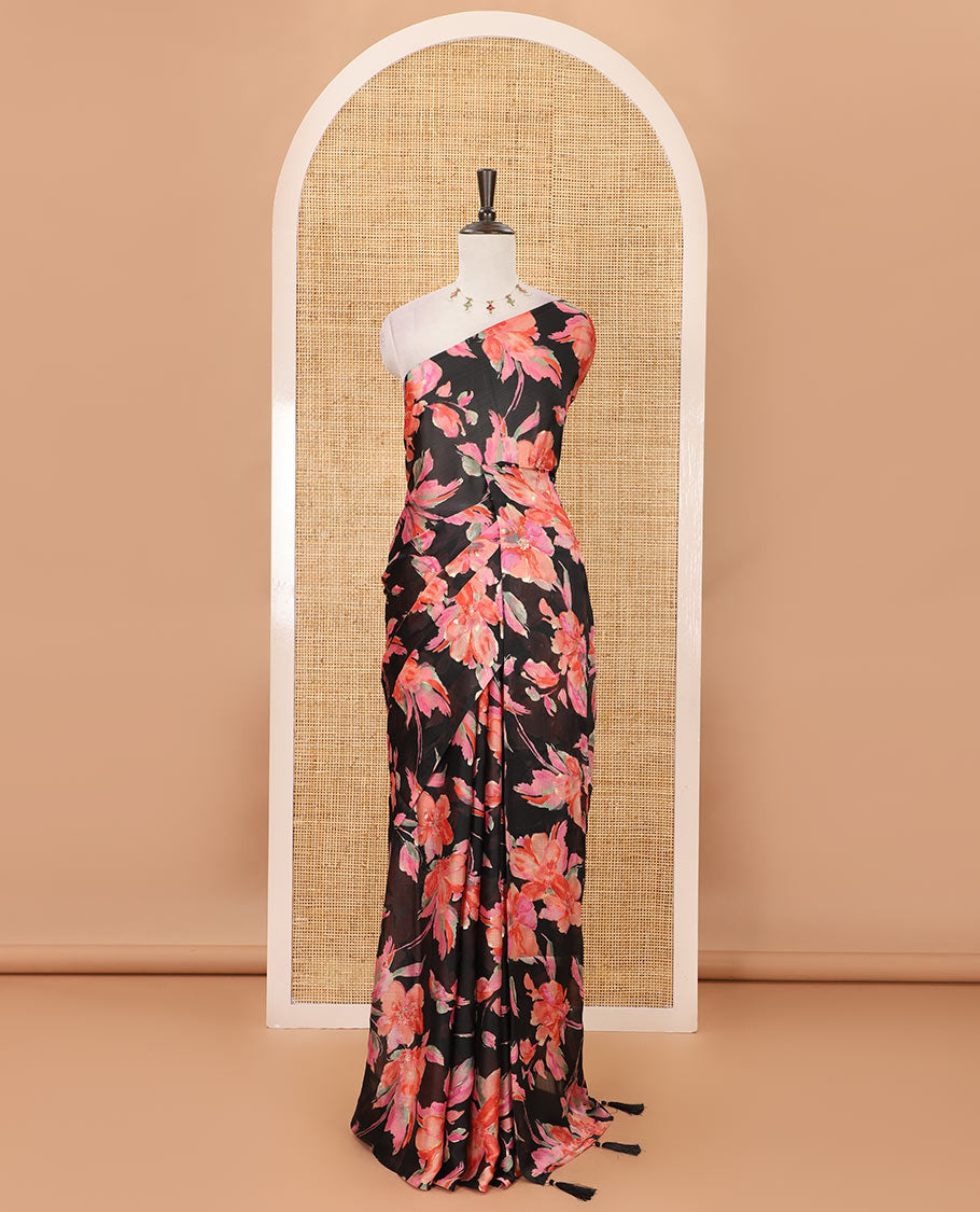Borderless black-pink color floral printed fendy chiffon saree, contrast plain blouse