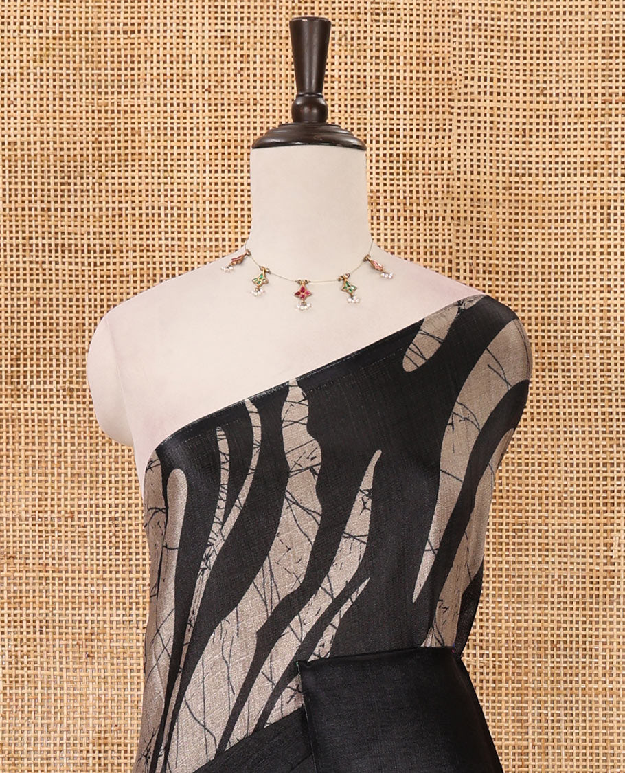 Borderless black batik-style abstract vines printed khadi cotton saree, matching plain blouse