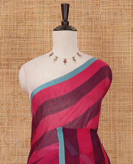 Pink horizontal striped khadi cotton saree, contrast piping border & matching horizontal striped blouse