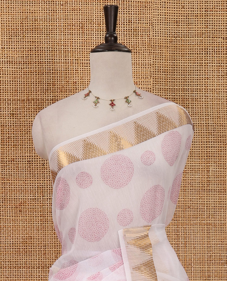 White-pink circular motifs printed mercerised cotton saree, temple zari border, circular motifs printed pallu & matching zari border blouse