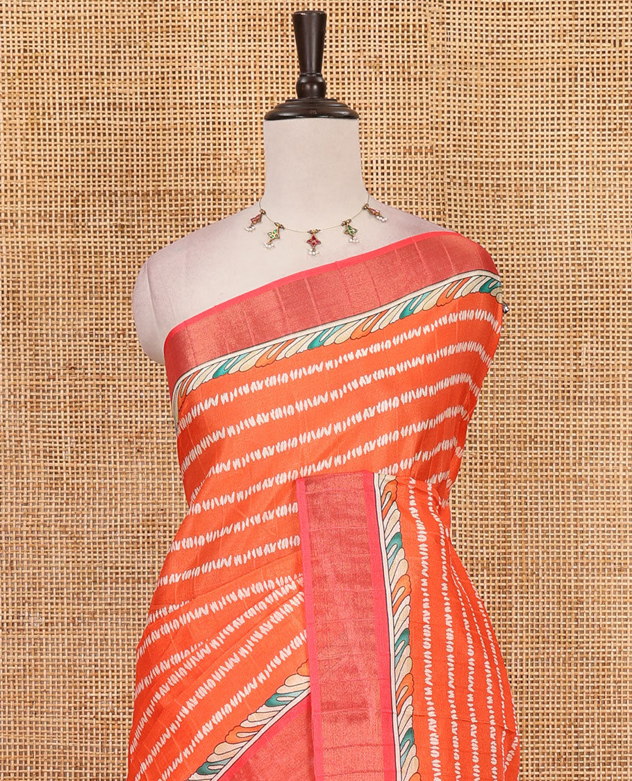 Orange shibori-style printed soft-tussar saree, contrast zari border, kalamkari peacock printed pallu & kalamkari floral vine print contrast blouse