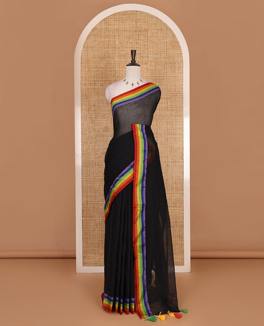 Inky black plain khadi mul cotton saree, contrast rainbow color striped border and plain colorful bordered blouse