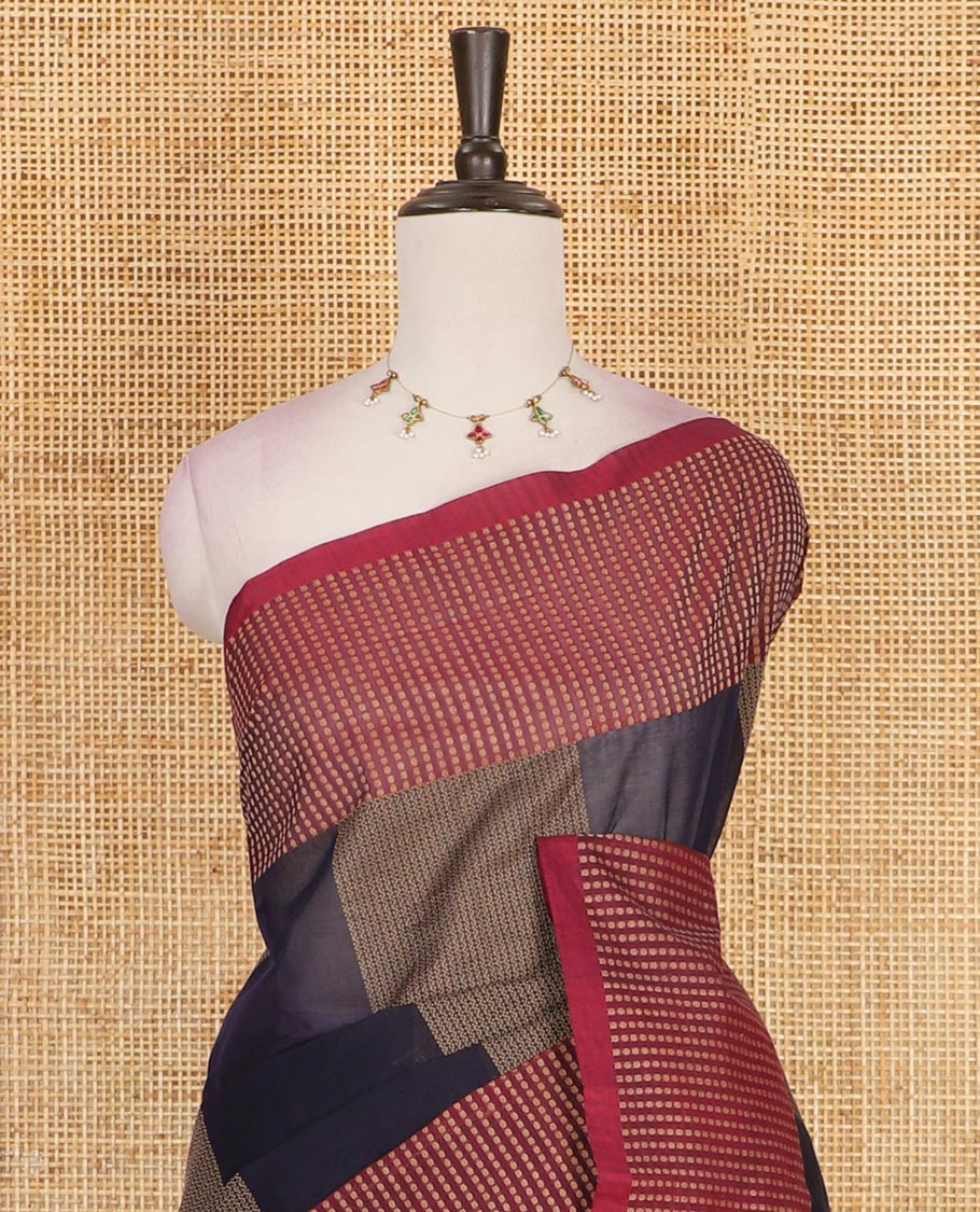 Navy blue thread woven veldhari striped Handloom cotton saree, contrast polka dots thread border, temple pallu, and matching plain blouse