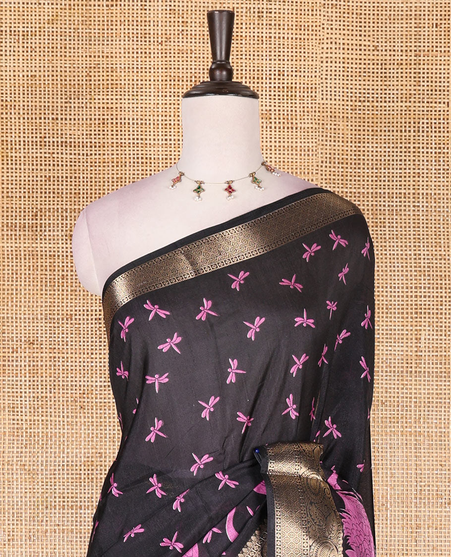 Black-purple dargon fly and cranes motifs printed dola silk saree, contrast gold zari border, Mughal floral printed pallu, and dragon fly printed blouse