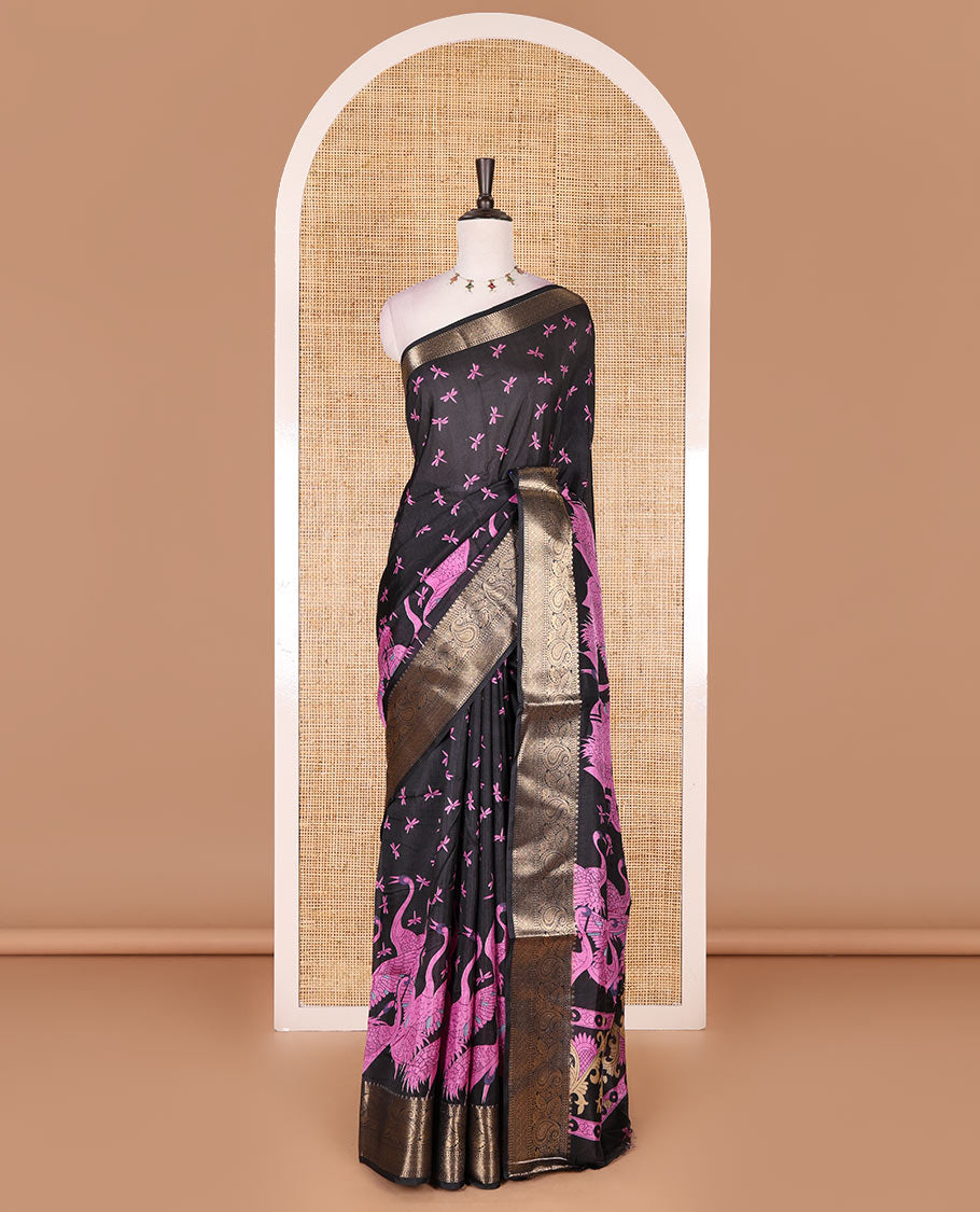 Black-purple dargon fly and cranes motifs printed dola silk saree, contrast gold zari border, Mughal floral printed pallu, and dragon fly printed blouse