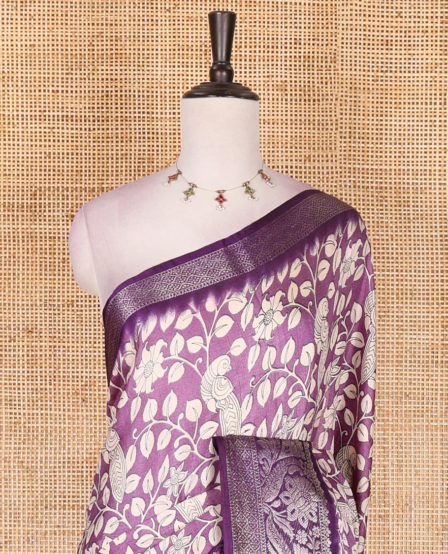 Lavender kalamkari floral vine and peacock printed dola silk saree, contrast traditional zari border, peacock printed pallu, and floral vine print blouse