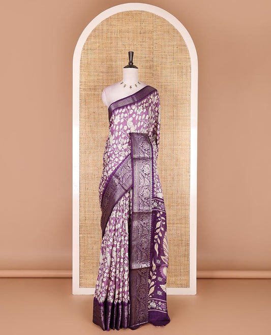 Lavender kalamkari floral vine and peacock printed dola silk saree, contrast traditional zari border, peacock printed pallu, and floral vine print blouse